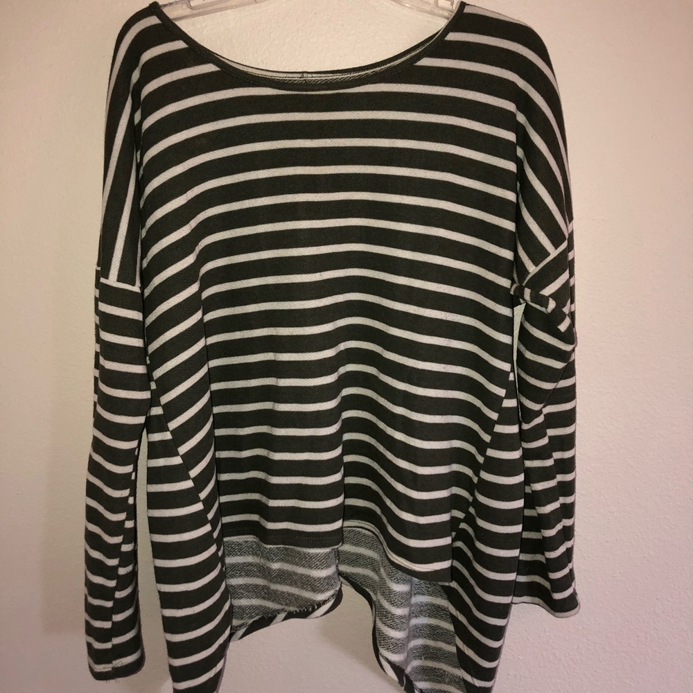 Dark Green Striped Long Sleeve Drape Top